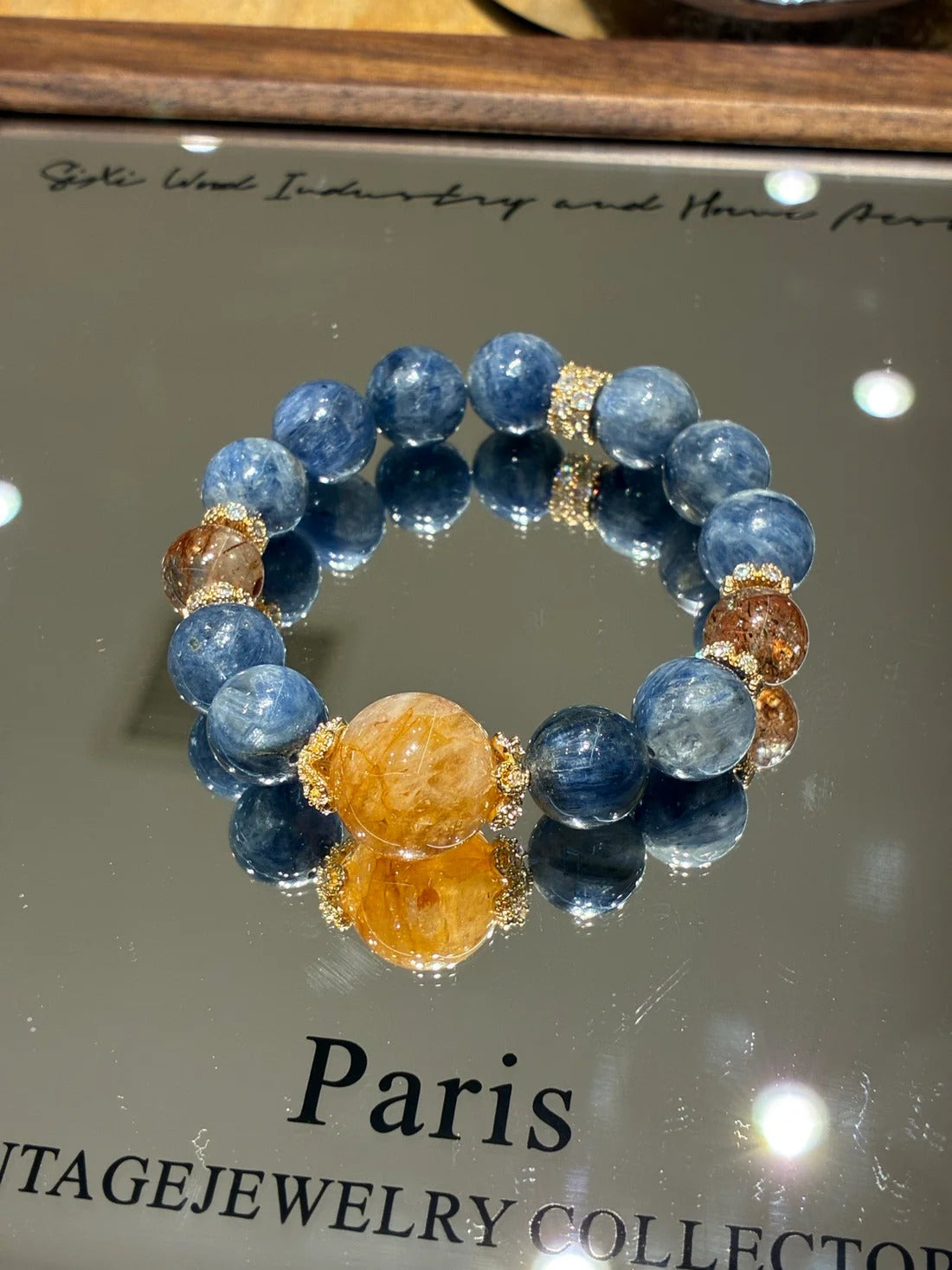 Kyanite & Yellow Flower Quartz heangling Crystal Bracelet, Calm Focus & Wealth - Sapphire Ember