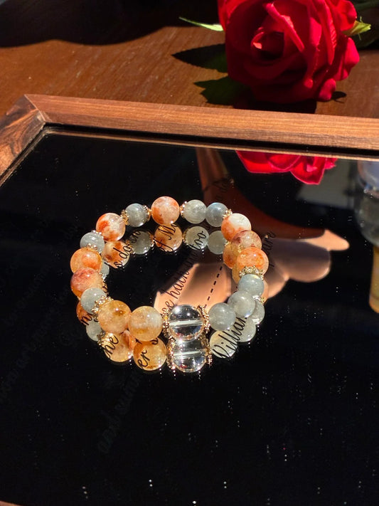 13mm Strawberry Quartz & Milky White Quartz Crystal Bracelet, Love & Calm - Strawberry Mist  Regular